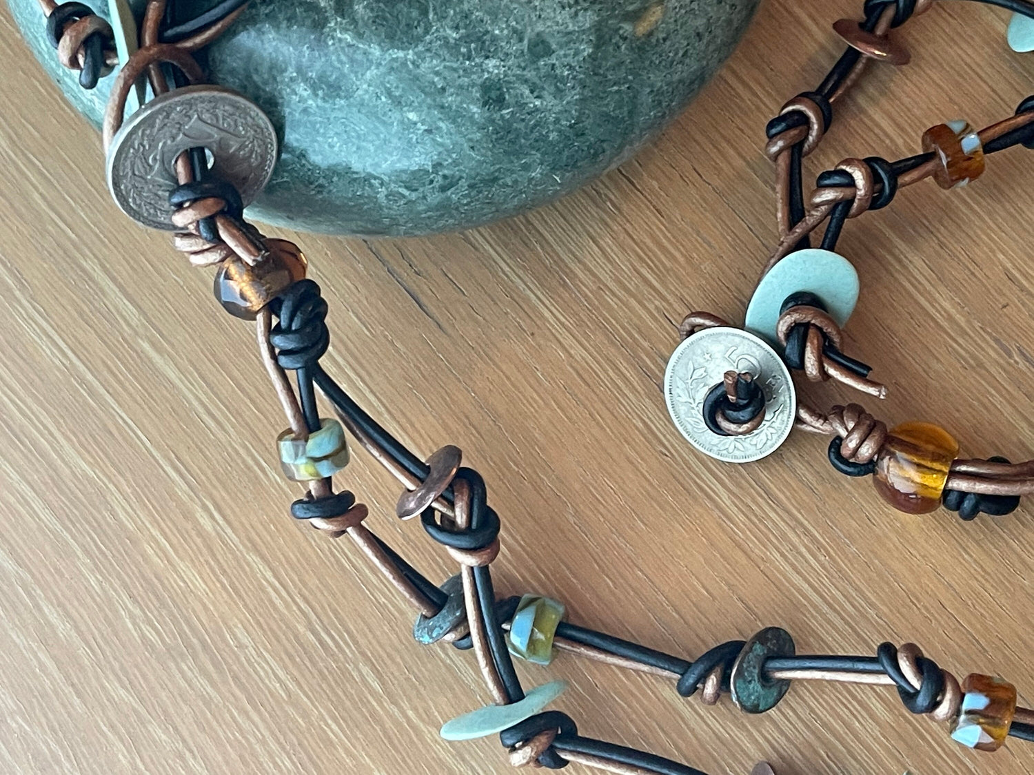 Unisex handcrafted two-strand leather bracelet + necklace set with genuine 1930's French and Belgian coins and stylish beads