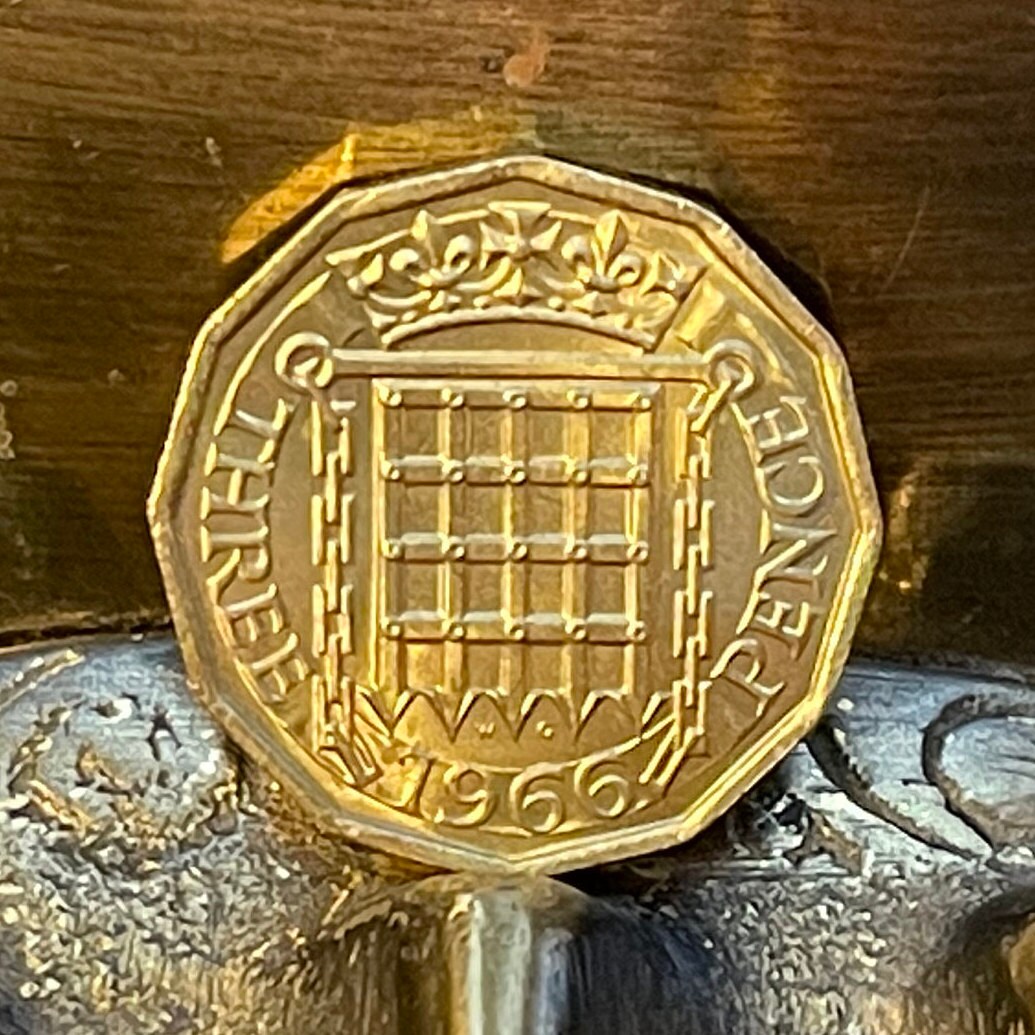 Crowned Portcullis of Parliament 3 Pence Great Britain Authentic Coin Money for Jewelry (Palace of Westminster) (Tudor) (House of Commons)