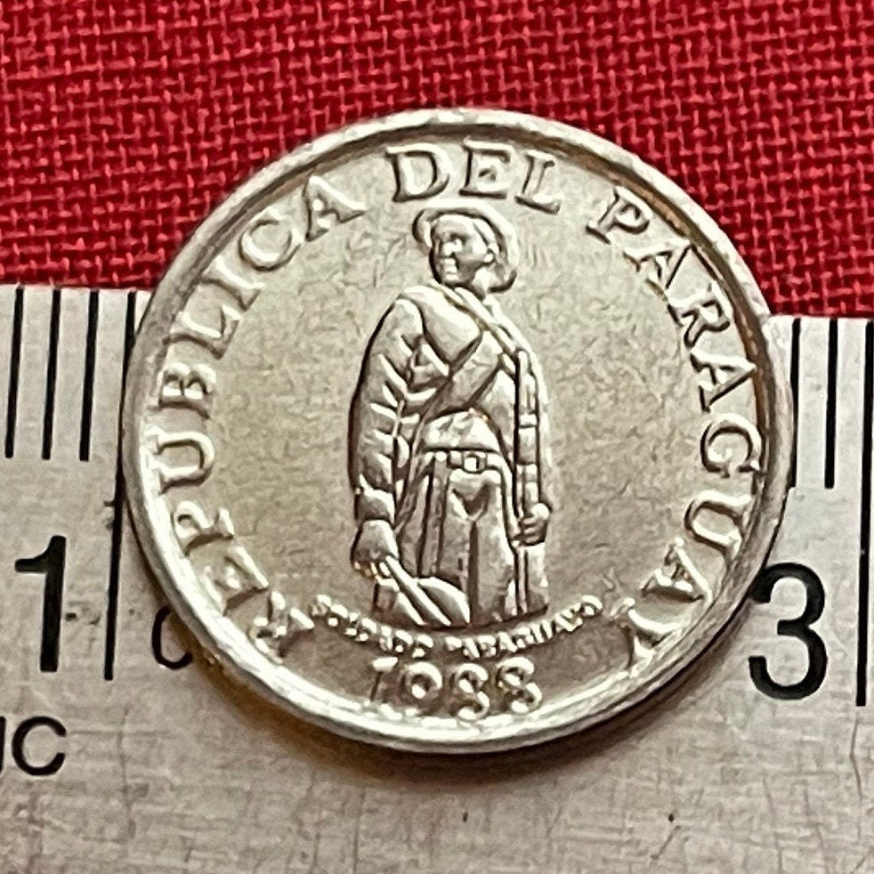 Soldier & Soybeans 1 Guarani Paraguay Authentic Coin Money for Jewelry and Craft Making (Food for the World) (FAO) (Rifle)