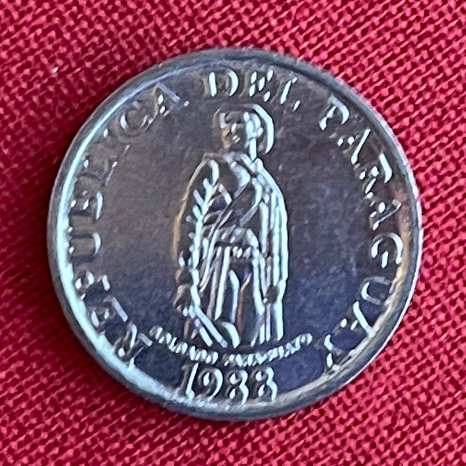 Soldier & Soybeans 1 Guarani Paraguay Authentic Coin Money for Jewelry and Craft Making (Food for the World) (FAO) (Rifle)