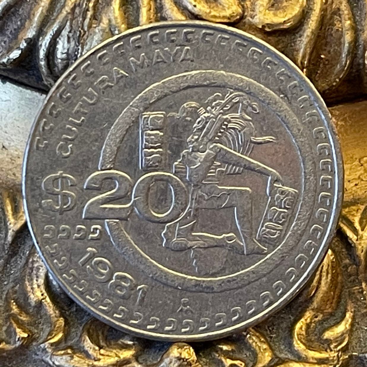 Maya Ballgame Player & Eagle with Snake 20 Pesos Mexico Authentic Coin for Jewelry (Mesoamerican Ballgame) (Chinkultic Ballcourt Marker)