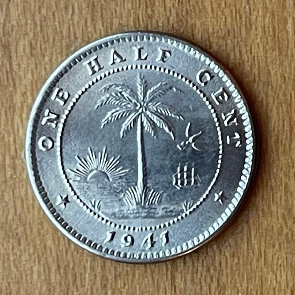 Forest Elephant & Palm Tree at Beach 1/2 Cent Liberia Authentic Coin Money for Jewelry and Craft Making (1941) (Freedom)