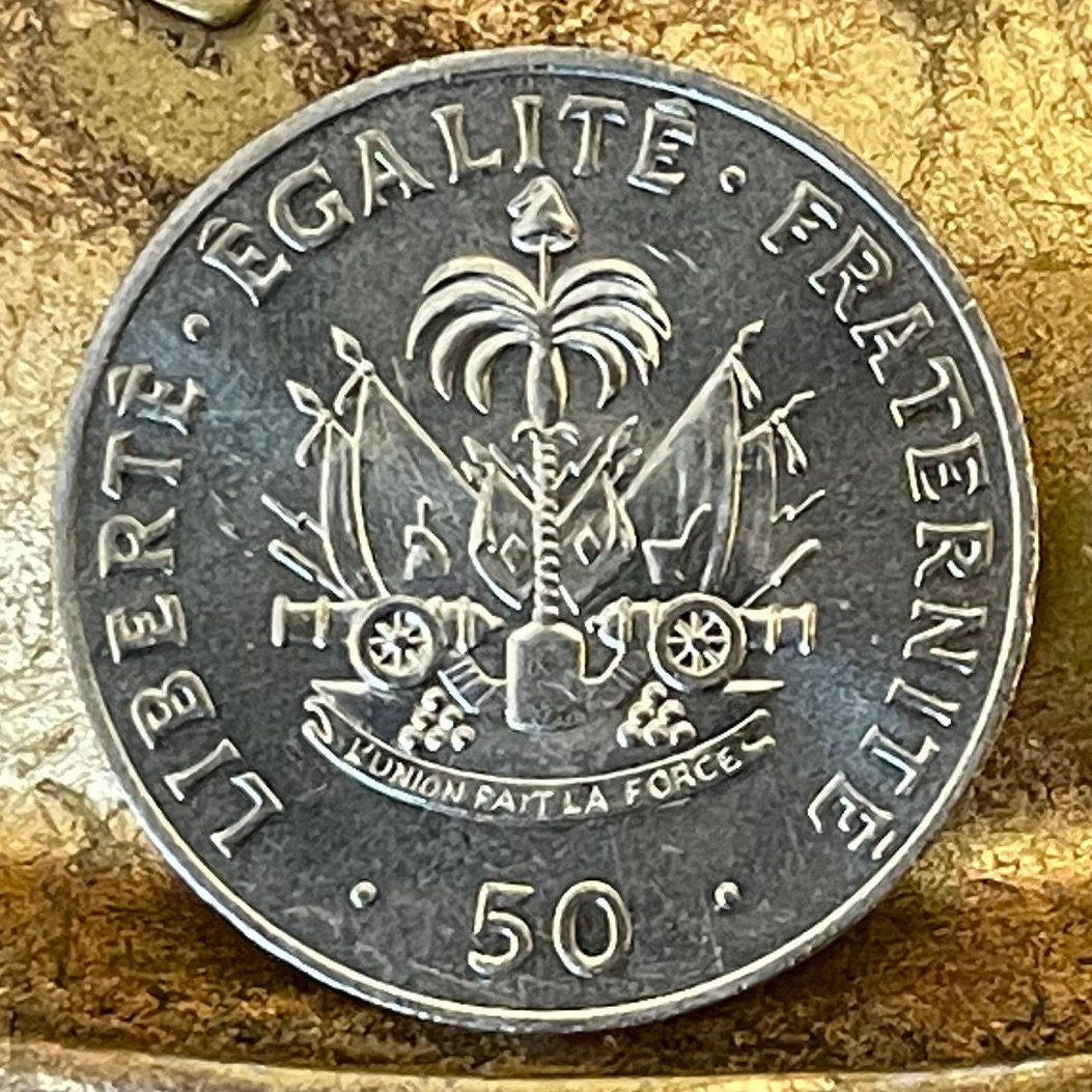 Charlemagne Péralte 50 Centimes Haiti Authentic Coin Money for Jewelry and Craft Making (Haiti Coat of Arms) (BLM) (Black Lives Matter) 1991
