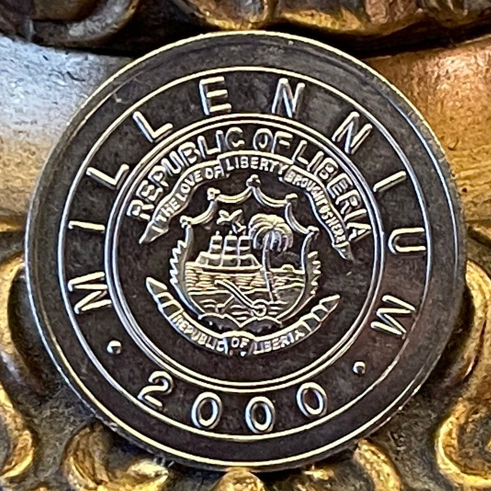 Year of the Dragon 1 Dollar Liberia Authentic Coin Money for Jewelry (Palm Tree at Beach) (Freedom Ship) (Millenium) (2000) (Millennials)