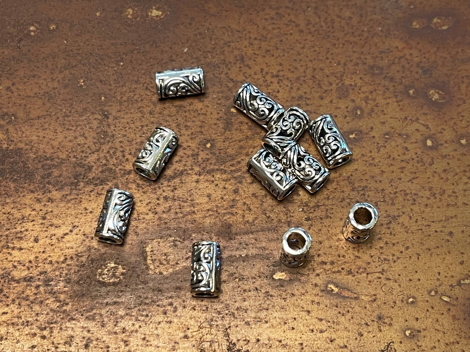 Bali Beads floral design filigree tube, large hole spacer Bead (lot of 12 or 36)
