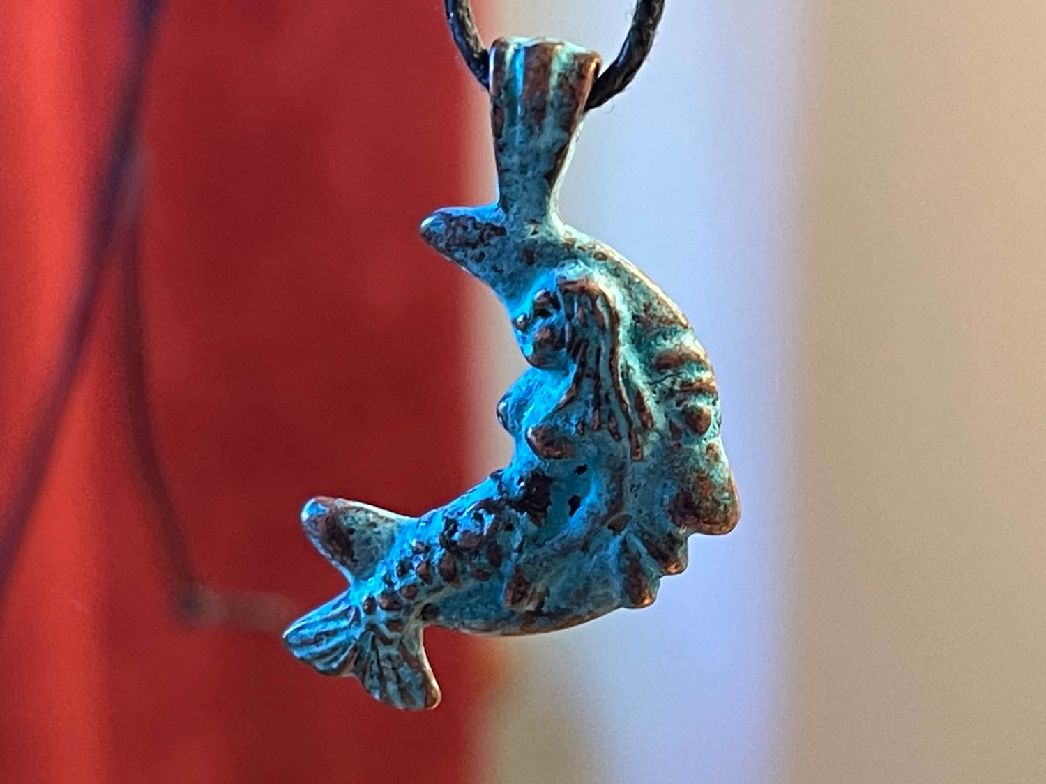Mermaid on the Moon Pendant Charm– artistic figurine, green copper patina – crescent man in the moon smiling face - beach, seashore jewelry