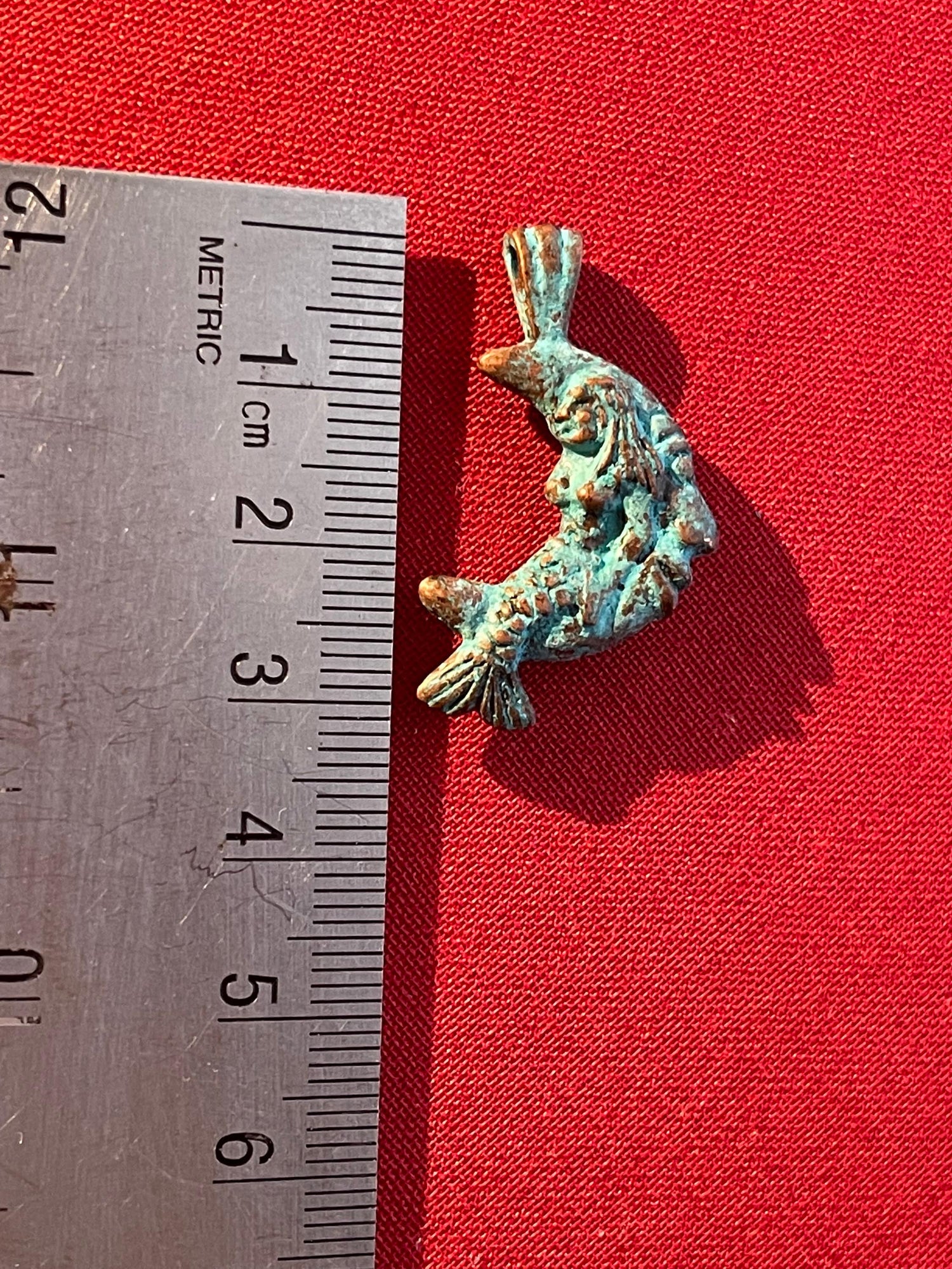 Mermaid on the Moon Pendant Charm– artistic figurine, green copper patina – crescent man in the moon smiling face - beach, seashore jewelry