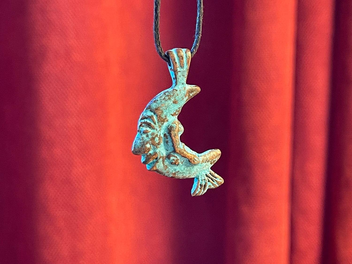 Mermaid on the Moon Pendant Charm– artistic figurine, green copper patina – crescent man in the moon smiling face - beach, seashore jewelry