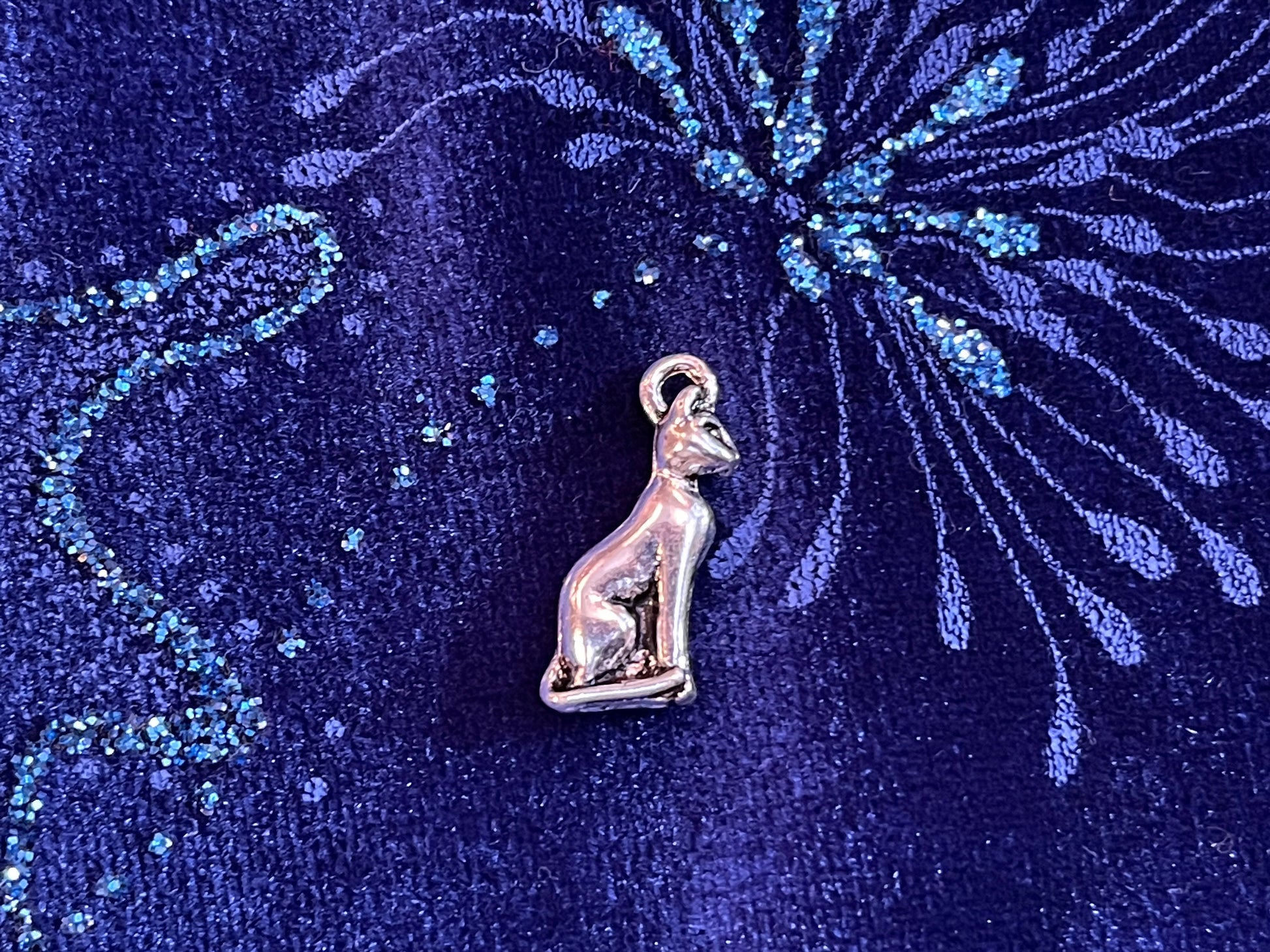 Three Egyptian Goddess Bastet Cat charms - Cat Lovers - antique silver charm, pendant - Bast seated feline - 3 sitting kitty figures w/ bail