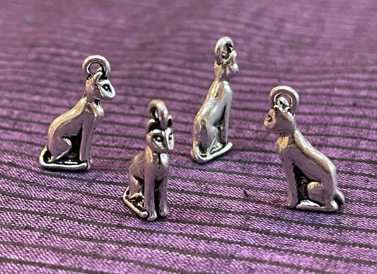 Three Egyptian Goddess Bastet Cat charms - Cat Lovers - antique silver charm, pendant - Bast seated feline - 3 sitting kitty figures w/ bail