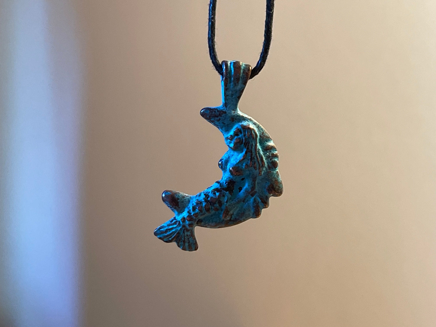 Mermaid on the Moon Pendant Charm– artistic figurine, green copper patina – crescent man in the moon smiling face - beach, seashore jewelry