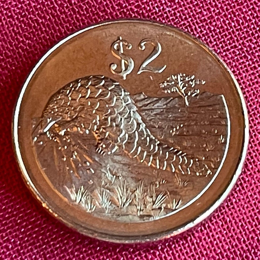 Pangolin 2 Dollars Zimbabwe Authentic Coin Money for Jewelry and Craft Making (Scaly Anteater) (Chinese Folk Medicine) (Lactation)