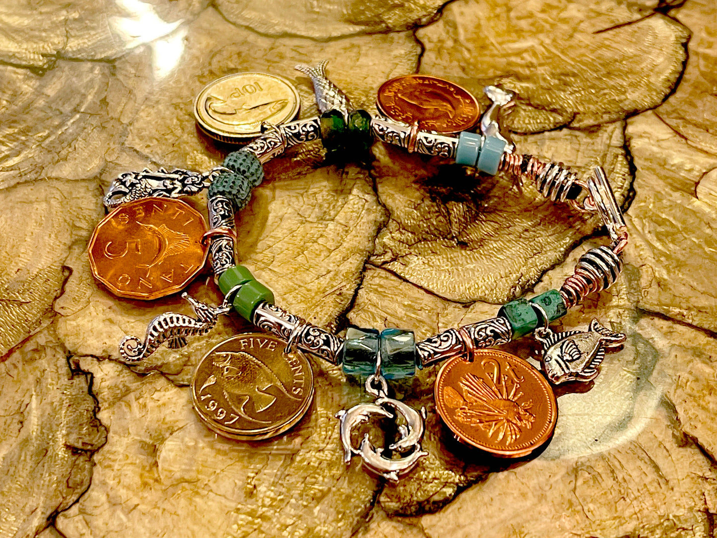 Mermaid fish chunky charm bracelet with genuine world coins, angelfish, narwhal, salmon, lionfish, sailfish, seahorse, fire-polished crystal