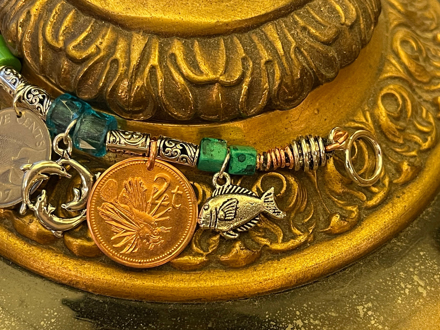 Mermaid fish chunky charm bracelet with genuine world coins, angelfish, narwhal, salmon, lionfish, sailfish, seahorse, fire-polished crystal