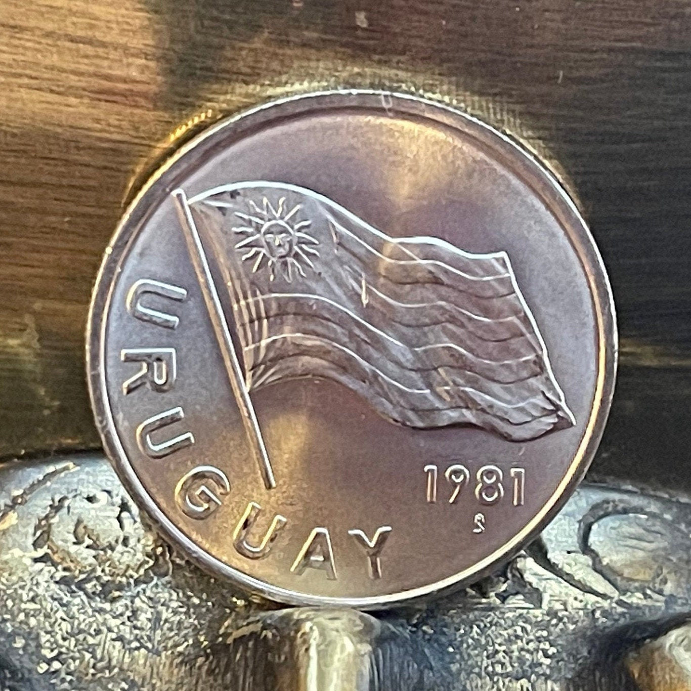 Flag Waving & Cockspur Coral Flower 5 New Pesos Uruguay Authentic Coin Money for Jewelry (Sun of May) (Inca Sun God) (Sol Invictus)