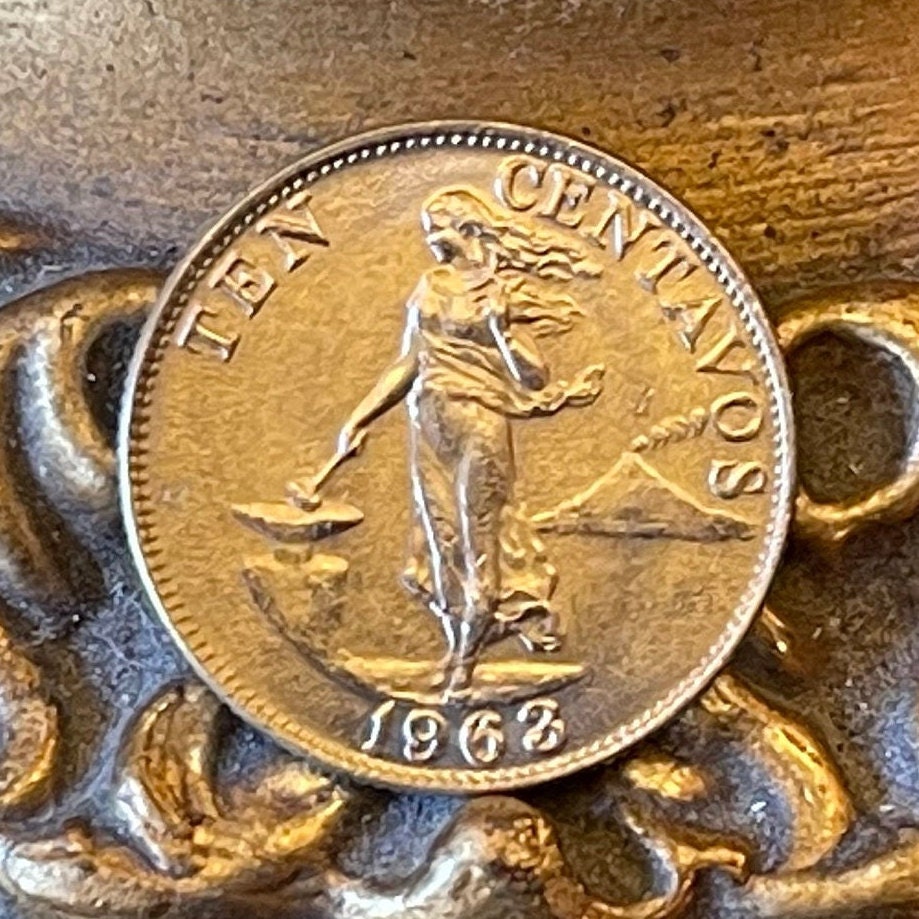 Lady Liberty Hammering Anvil at Mayon Volcano 10 Centavos Philippines Authentic Coin Money for Jewelry and Craft Making (Colonialism)