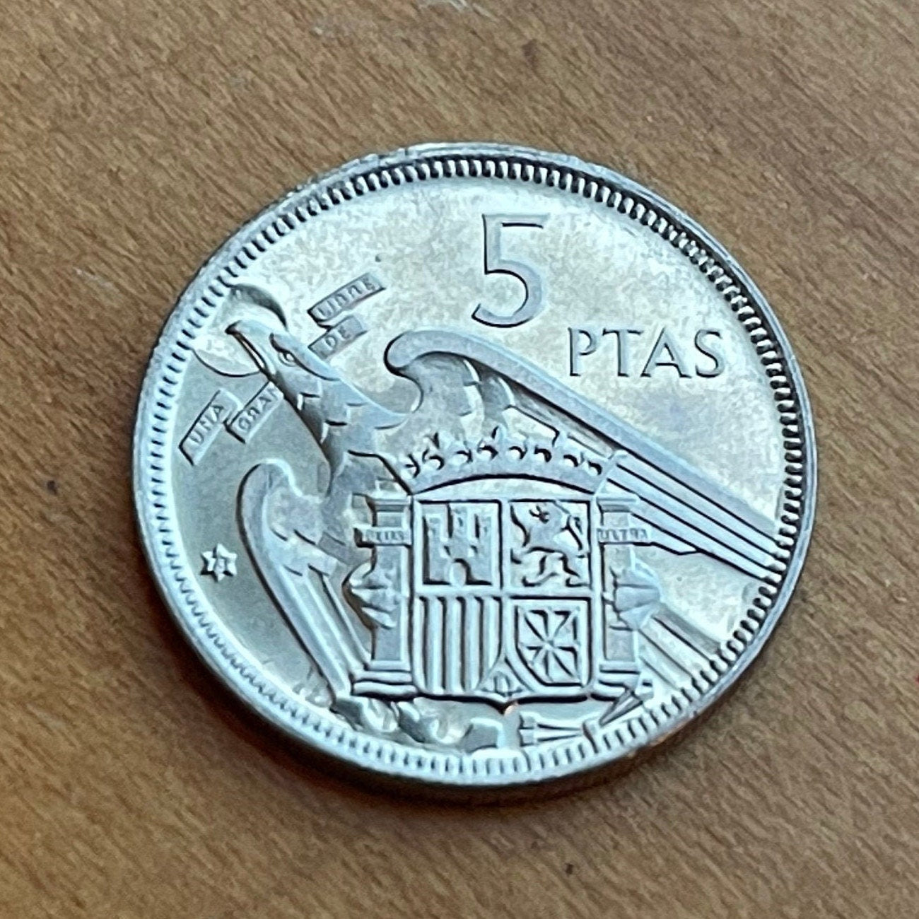 Francisco Franco & Eagle of Saint John  5 Pesetas Spain Authentic Coin Money for Jewelry (Eagle of the Evangelist) (John the Evangelist)