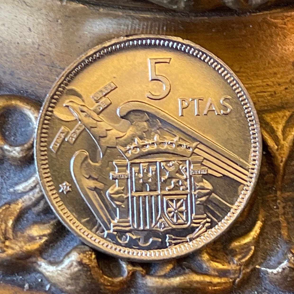 Francisco Franco & Eagle of Saint John  5 Pesetas Spain Authentic Coin Money for Jewelry (Eagle of the Evangelist) (John the Evangelist)