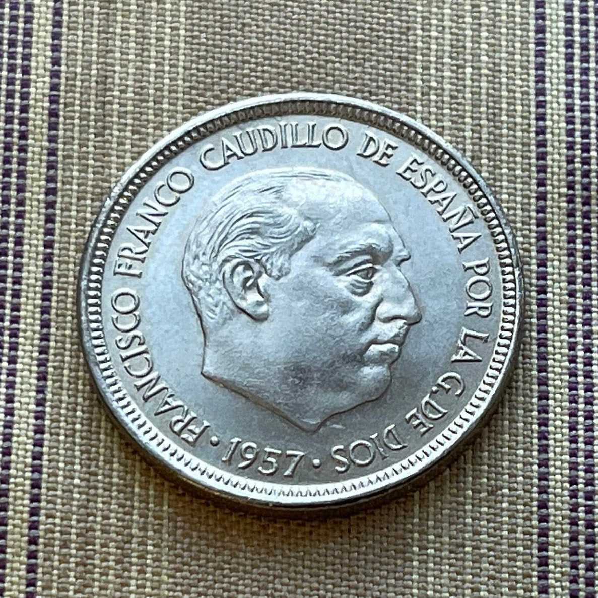 Francisco Franco & Eagle of Saint John  5 Pesetas Spain Authentic Coin Money for Jewelry (Eagle of the Evangelist) (John the Evangelist)