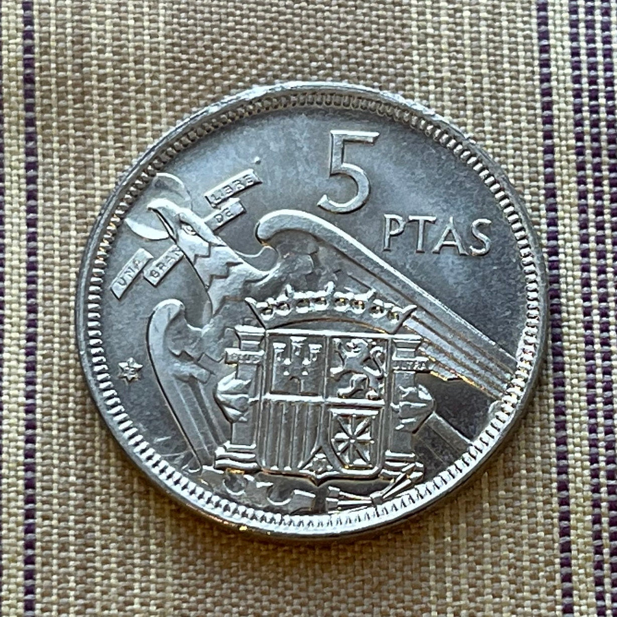 Francisco Franco & Eagle of Saint John  5 Pesetas Spain Authentic Coin Money for Jewelry (Eagle of the Evangelist) (John the Evangelist)