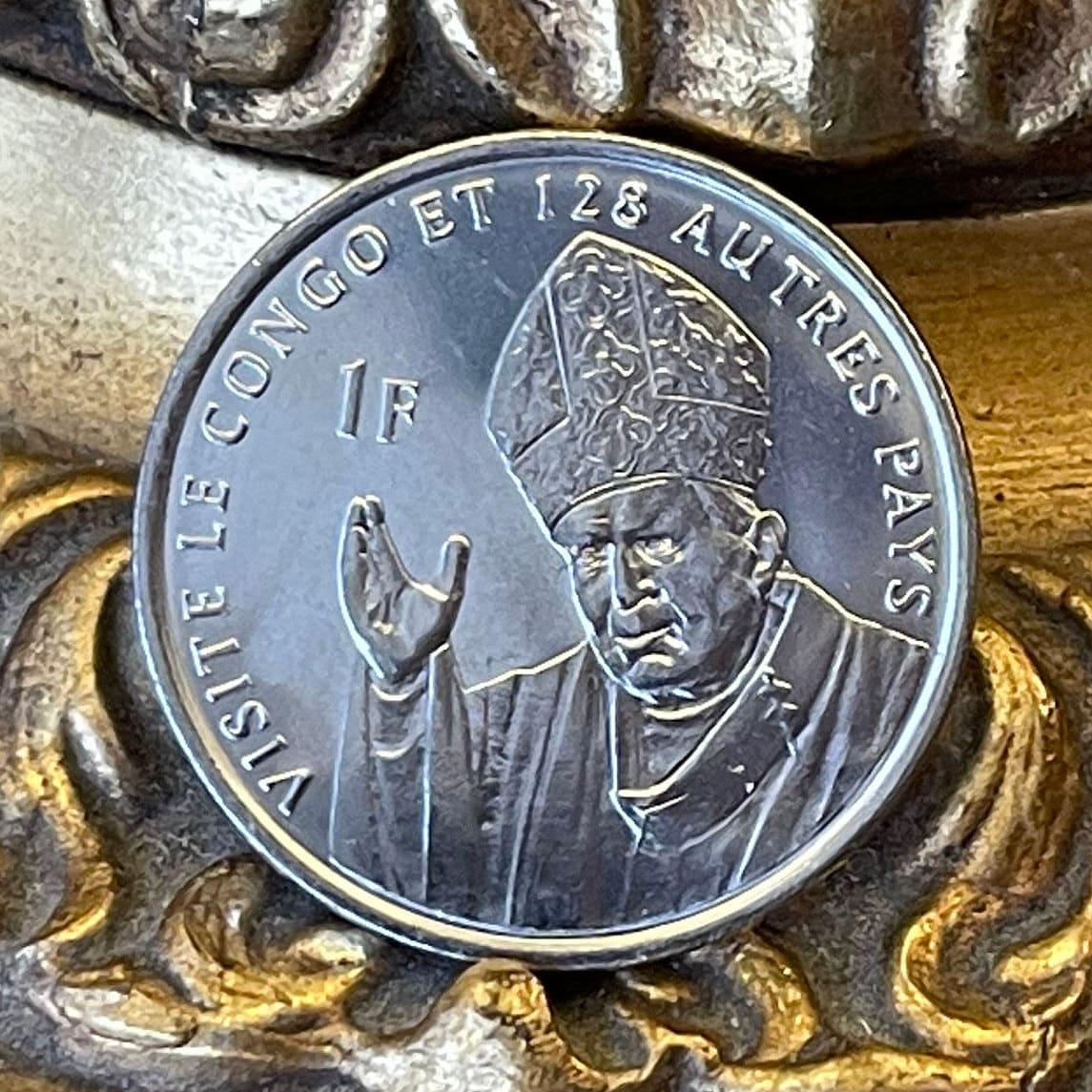 Saint John Paul II & Lion Congo 1 Franc Authentic Coin Money for Jewelry and Craft Making (Zaire) (Pope John Paul II) (2004)