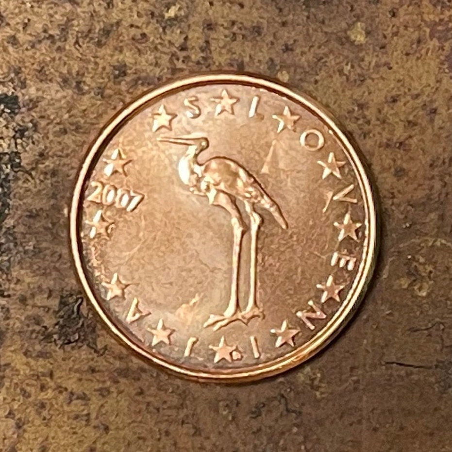 White Stork 1 Euro Cent Slovenia Authentic Coin Money for Jewelry and Craft Making