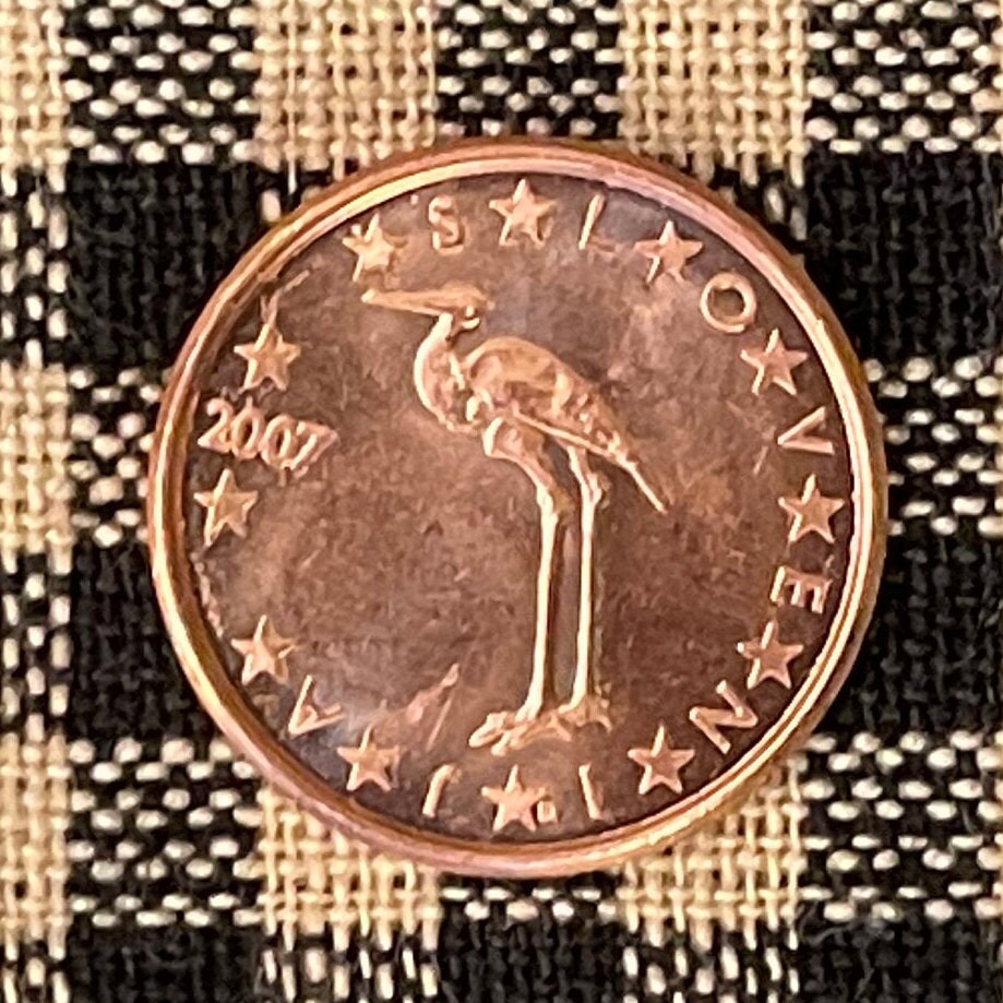 White Stork 1 Euro Cent Slovenia Authentic Coin Money for Jewelry and Craft Making