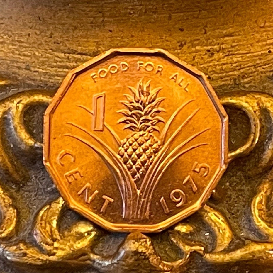 King Sobhuza & Pineapple 1 Cent Swaziland Authentic Coin Money for Jewelry (1975) (1000 Grandchildren) (Polygamy) (Dodecagonal) (Eswatini)