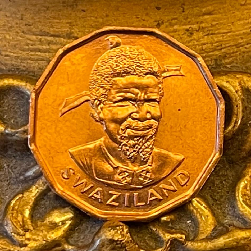 Pineapple & King Sobhuza 1 Cent Swaziland Authentic Coin Money for Jewelry (1975) (1000 Grandchildren) (Polygamy) (Dodecagonal) (Eswatini)