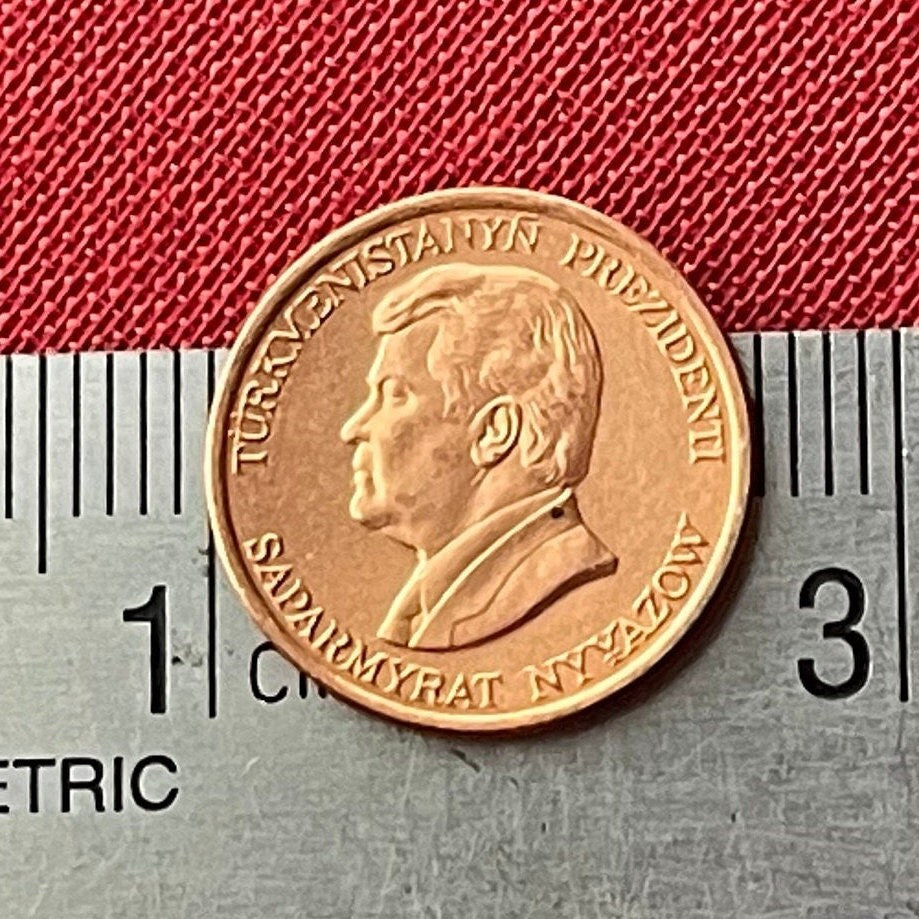 Turkmenbashy & Double-Leaf Floral Motif 1 Tennesi Turkmenistan Authentic Coin Money for Jewelry (Human Endurance) (Growth) (Niyazov) (1993)