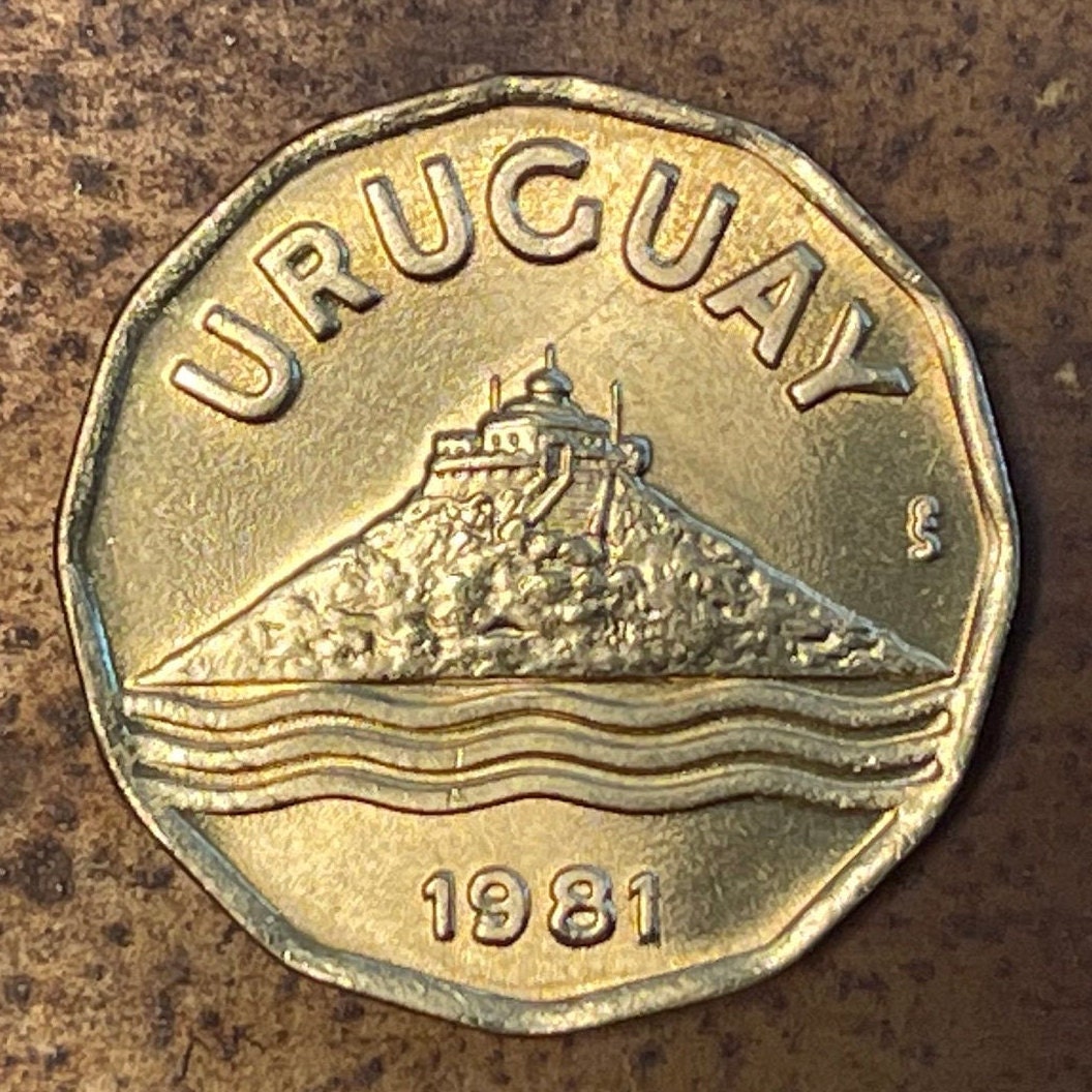 Montevideo Hill Fortress 20 Centésimos Uruguay Authentic Coin Money for Jewelry and Craft Making (Fortaleza del Cerro) (Dodecagonal Coin)