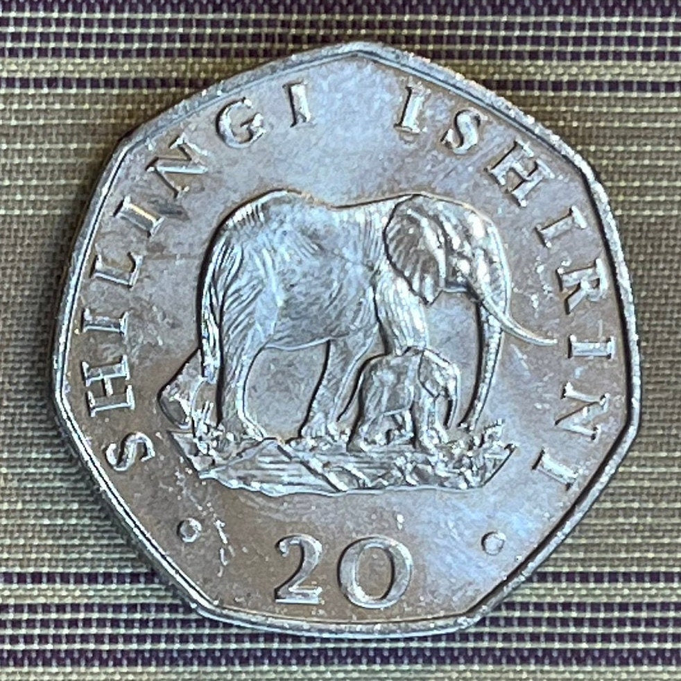 Elephant Mother and Baby & President Mwinyi 20 Shilingi Tanzania Authentic Coin Money for Jewelry and (Elephant Calf) 1992 (Heptagonal)