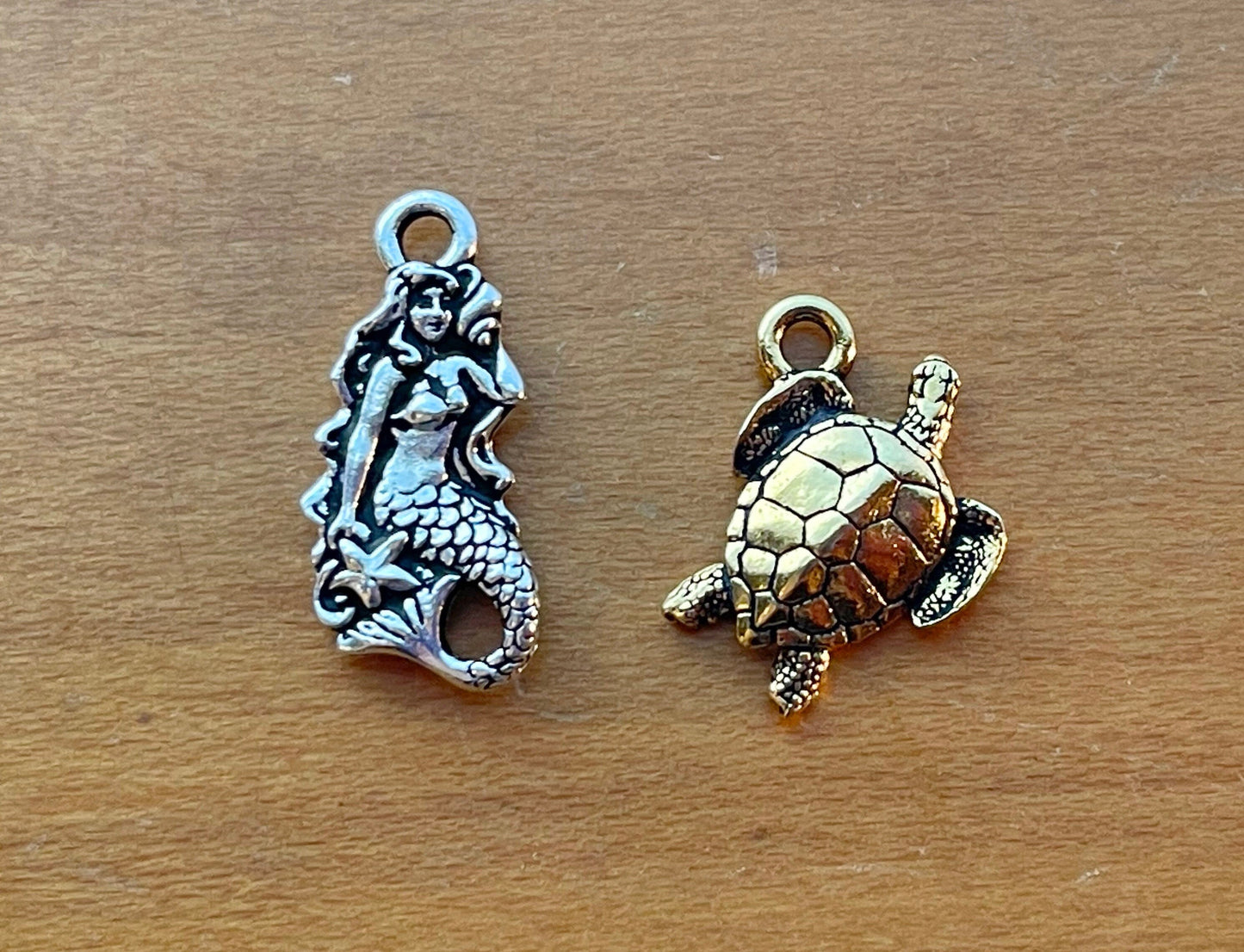 Mermaid and sea turtle Tierracast charm set–choice or both–silver or gold plated pewter–beautiful premium charms, pendants for jewelry