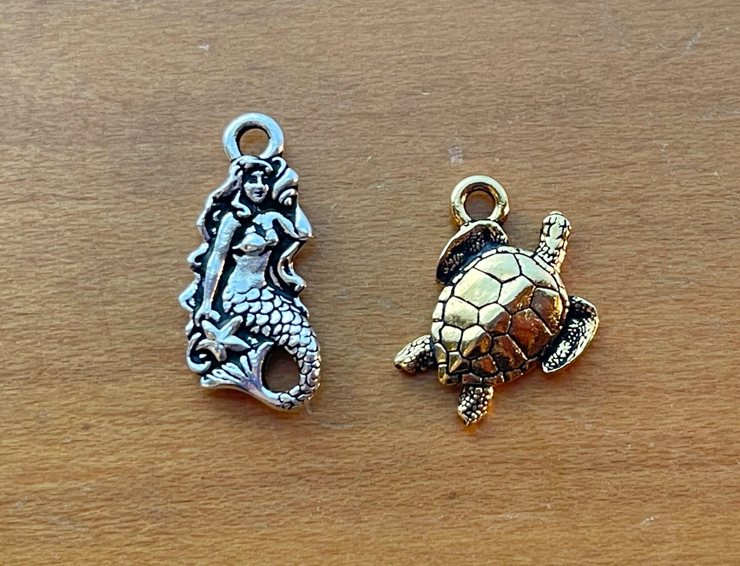 Mermaid and sea turtle Tierracast charm set–choice or both–silver or gold plated pewter–beautiful premium charms, pendants for jewelry