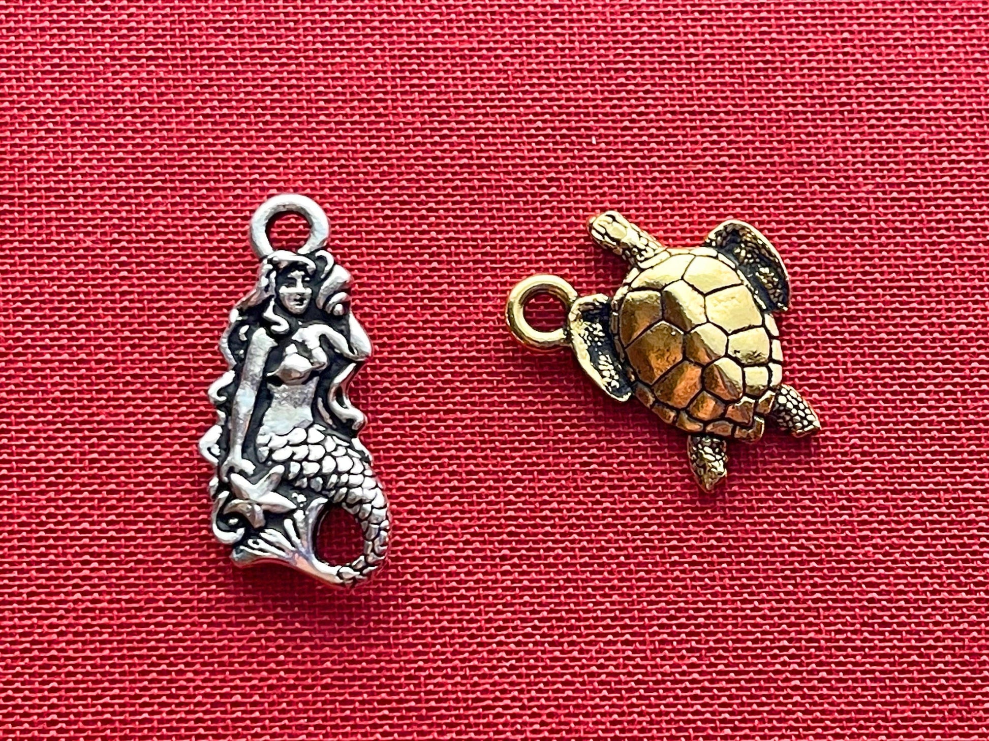 Mermaid and sea turtle Tierracast charm set–choice or both–silver or gold plated pewter–beautiful premium charms, pendants for jewelry