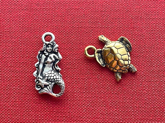 Mermaid and sea turtle Tierracast charm set–choice or both–silver or gold plated pewter–beautiful premium charms, pendants for jewelry