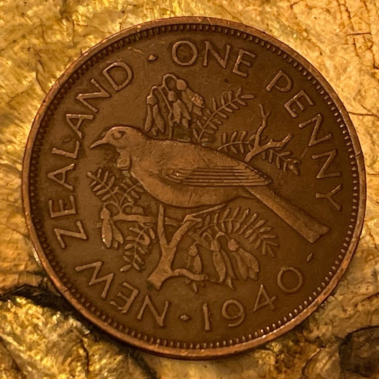 Tui Bird & King George VI 1 Penny New Zealand Authentic Coin Money for Jewelry and Craft Making (Maori) (Talking Bird) (Kowhai)