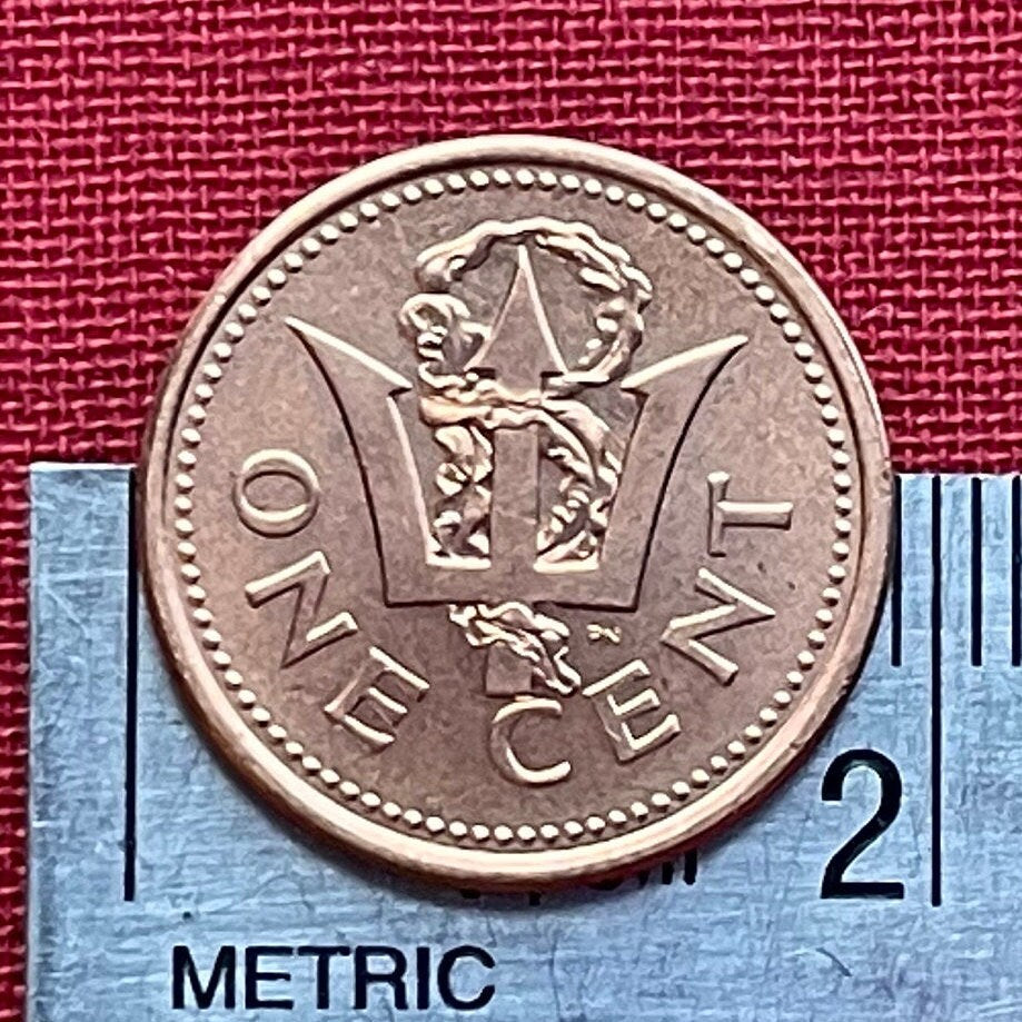 Trident of Poseidon 1 Cent Barbados Authentic Coin Money for Jewelry and Craft Making (Broken Trident) (Seaweed) (Democracy)