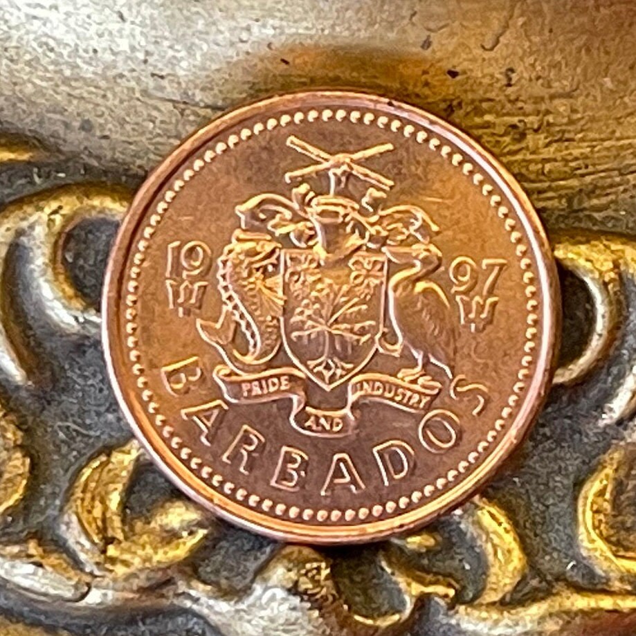 Trident of Poseidon 1 Cent Barbados Authentic Coin Money for Jewelry and Craft Making (Broken Trident) (Seaweed) (Democracy)