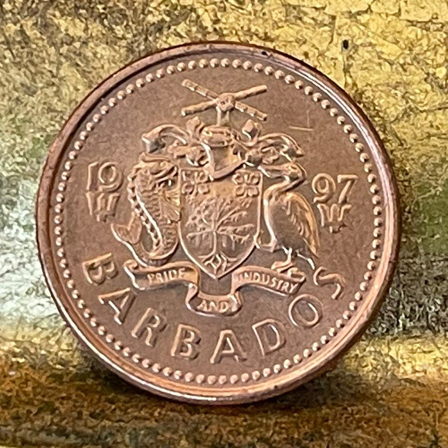 Trident of Poseidon 1 Cent Barbados Authentic Coin Money for Jewelry and Craft Making (Broken Trident) (Seaweed) (Democracy)