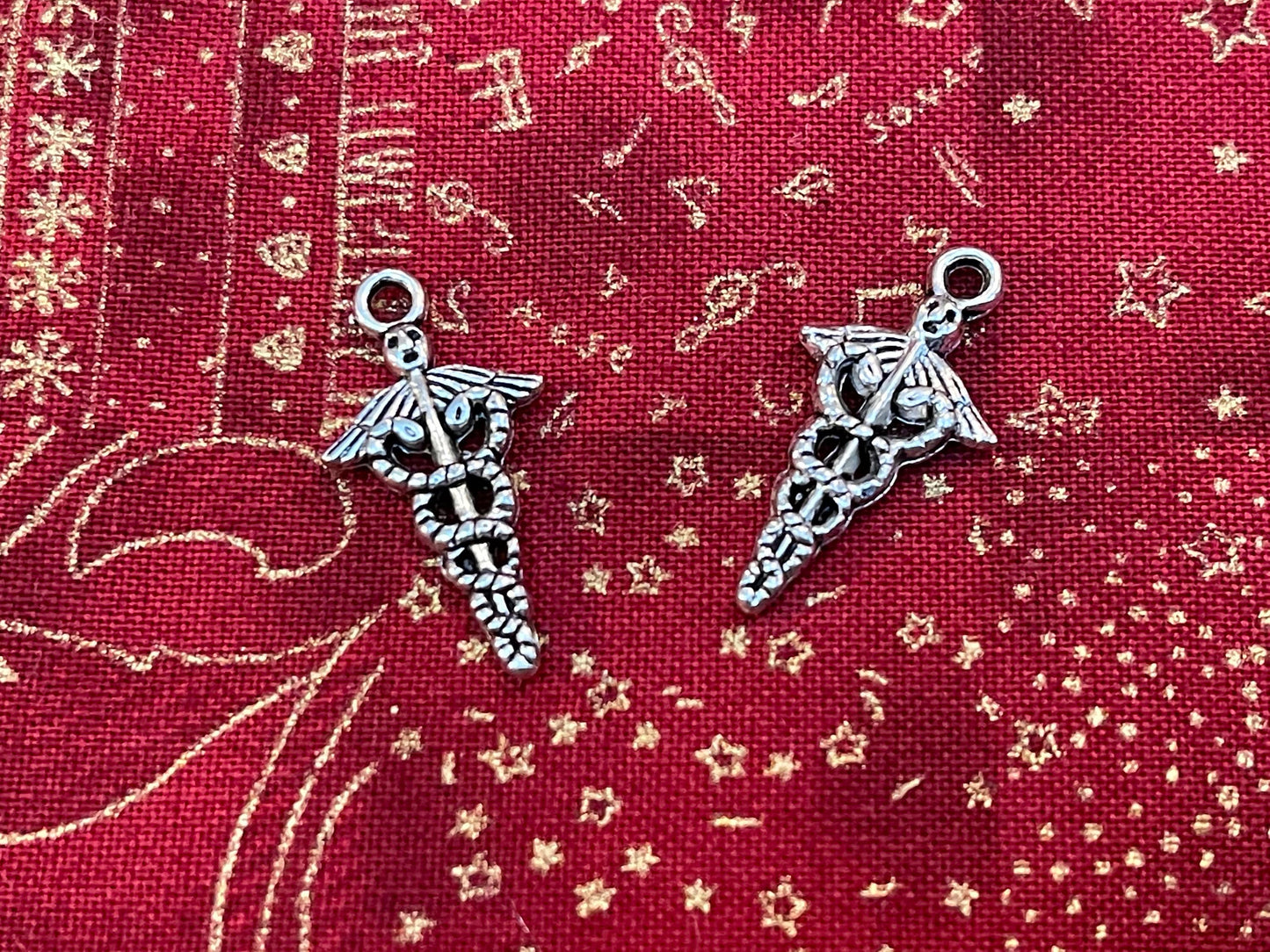 Lot of 4 Caduceus charms - antique silver charm - medical, healthcare, Hermes, healing, DNA - pendant drops for doctors, nurses, pharmacists