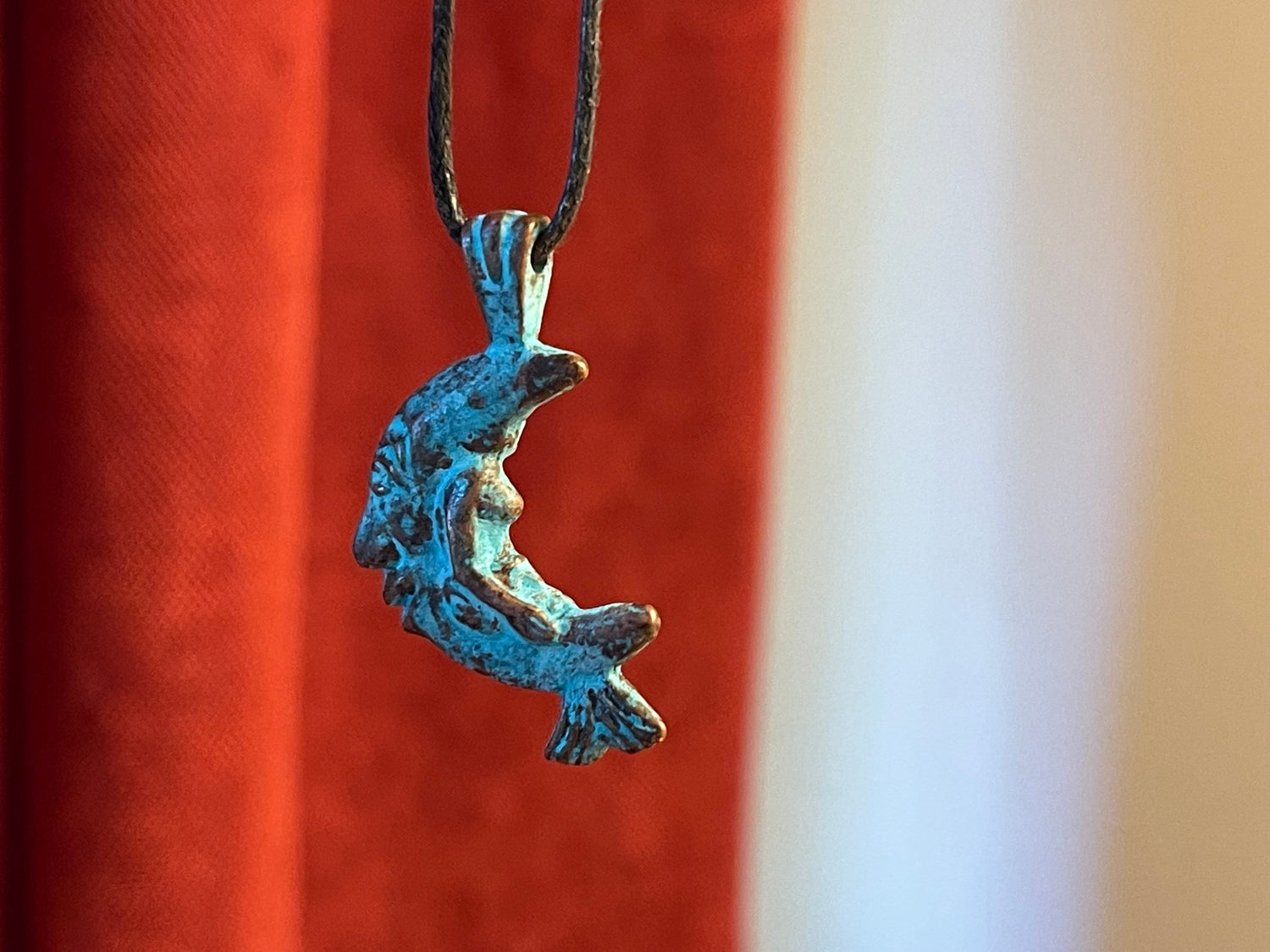 Mermaid on the Moon Pendant Charm– artistic figurine, green copper patina – crescent man in the moon smiling face - beach, seashore jewelry