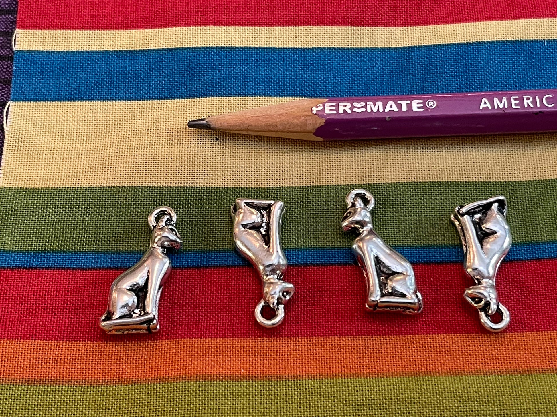Three Egyptian Goddess Bastet Cat charms - Cat Lovers - antique silver charm, pendant - Bast seated feline - 3 sitting kitty figures w/ bail