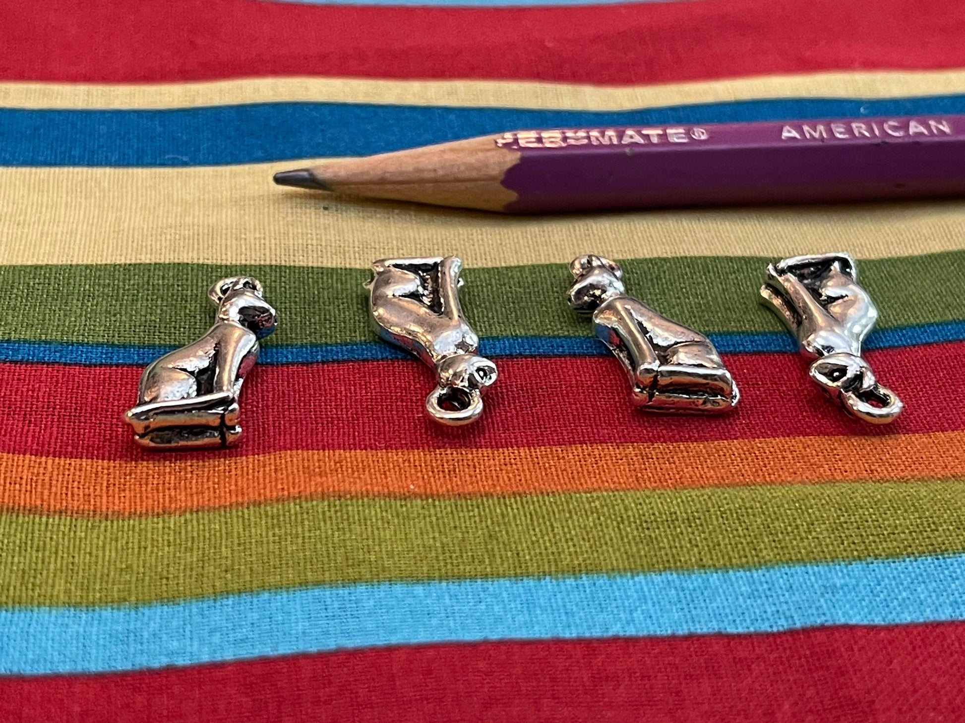 Three Egyptian Goddess Bastet Cat charms - Cat Lovers - antique silver charm, pendant - Bast seated feline - 3 sitting kitty figures w/ bail