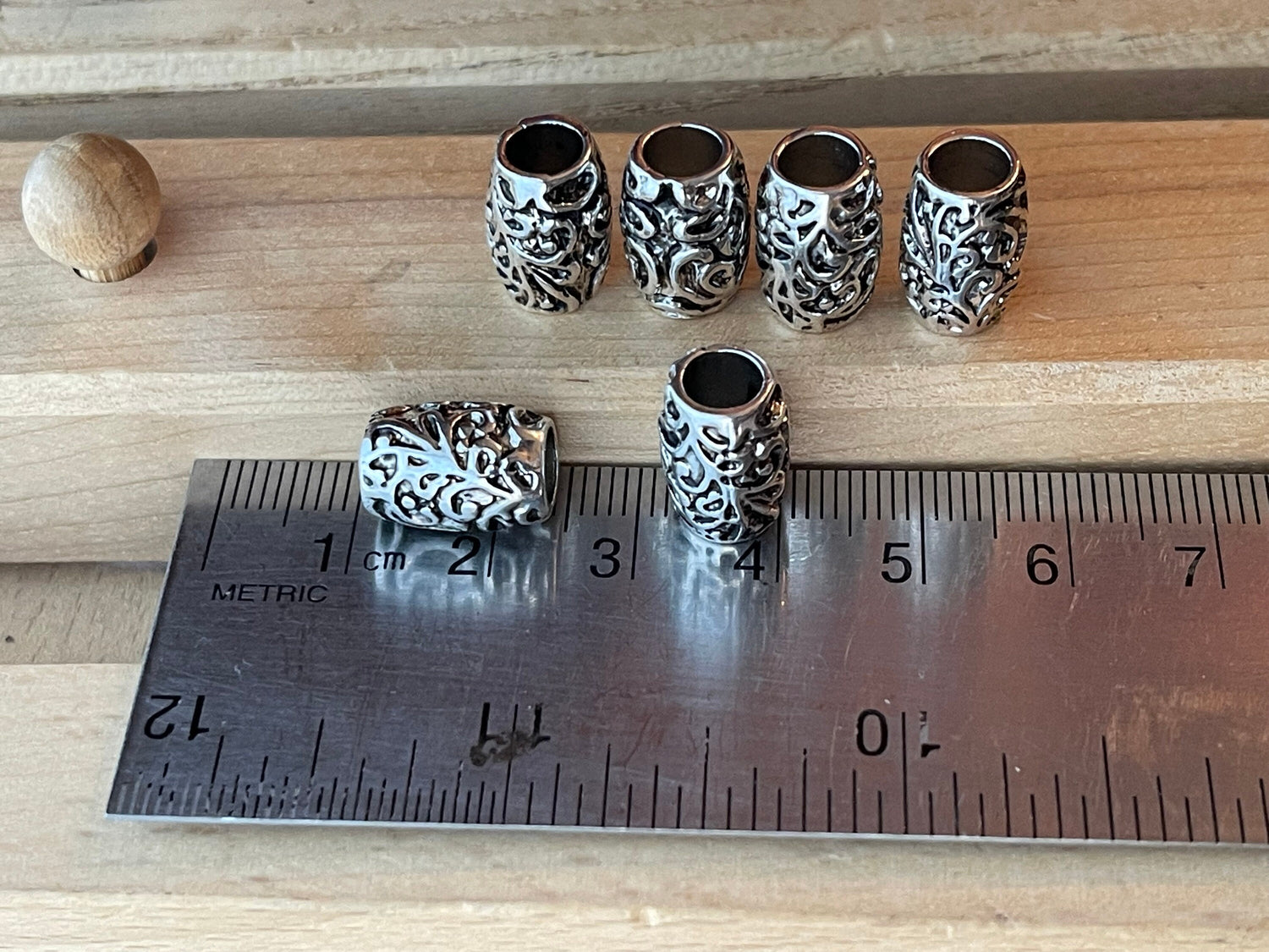 Bali Beads (BIG) baroque floral barrel design (lot of 6 or 12) – Repoussé-style jewelry supply–large 5mm hole spacer bead in antique silver