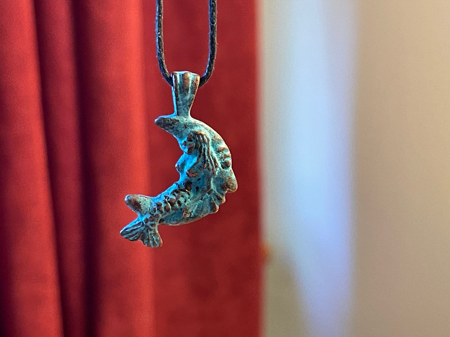 Mermaid on the Moon Pendant Charm– artistic figurine, green copper patina – crescent man in the moon smiling face - beach, seashore jewelry