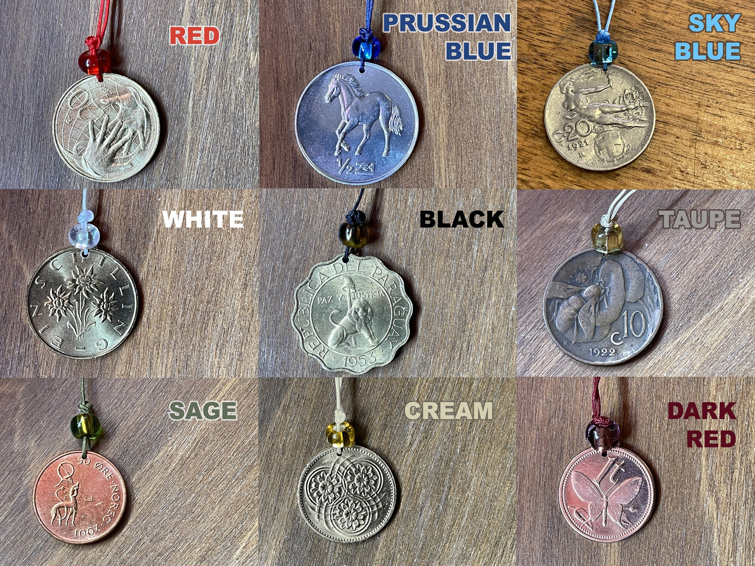 Necklace Coin drilling, 3.00. Charm or pendant w/ jump ring or cord 3.00 –Choose color (applies to our products only –coins sold separately)