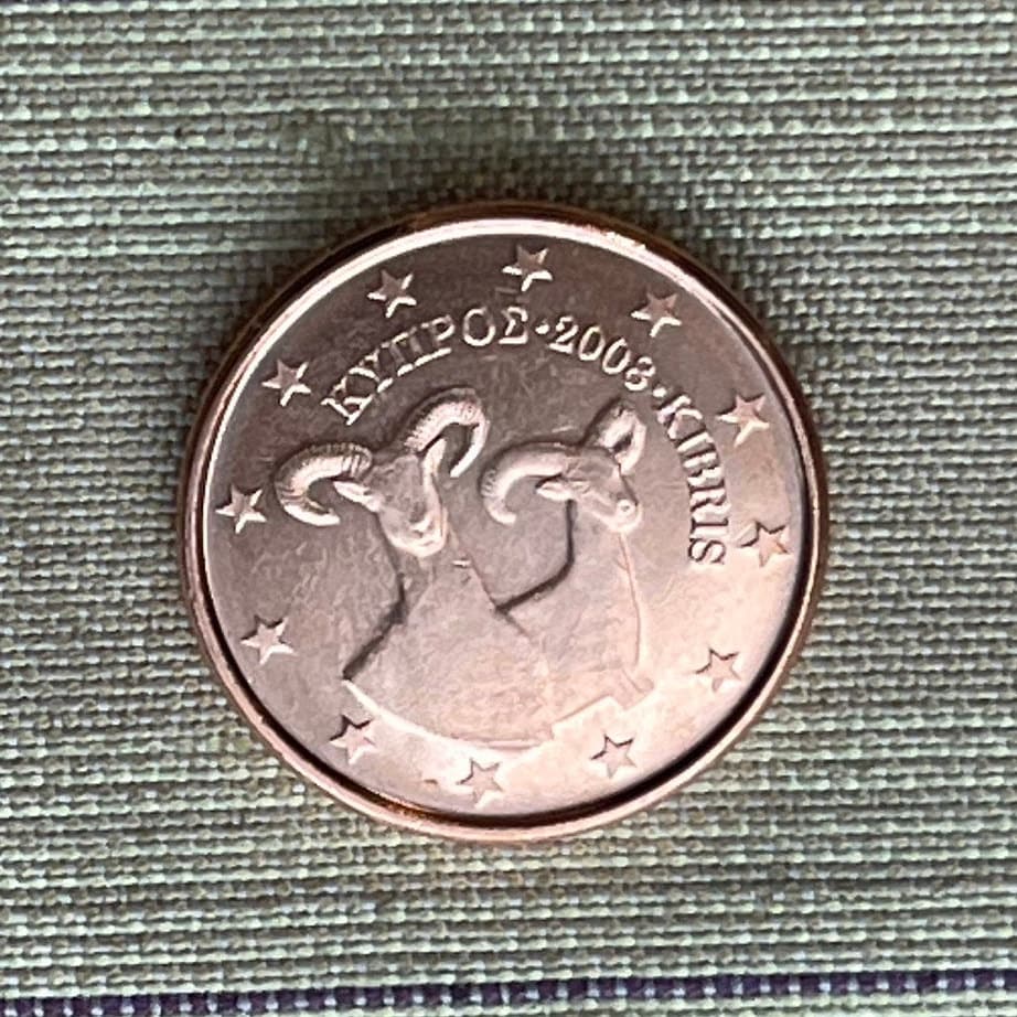 Mouflon Wild Sheep 1 Euro Cent Cyprus Authentic Coin Money for Jewelry and Craft Making (Agrino) (Lamb)
