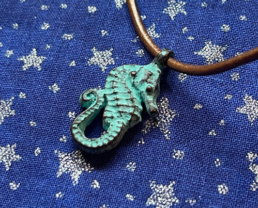 Seahorse copper charm or pendant (3D) –choose 1, 3 or 6 – green patina PREMIUM quality from Mykonos island, Greece – beach nautical sea life