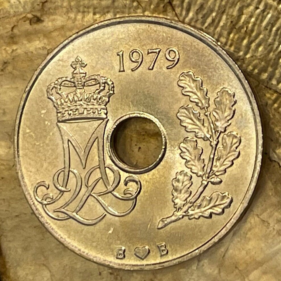 Queen Margrethe II Monogram & Oak Branch 25 Ore Denmark Authentic Coin Money for Jewelry and Craft Making (Hole in Coin)